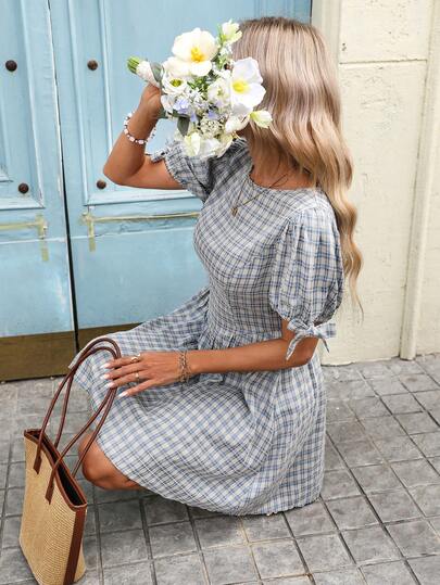 SHEIN LUNE 女士休闲格子夏季度假通勤日常基本款时尚泡泡袖短袖迷你连衣裙