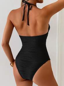 Swim Chiccia 1pc Women's Solid Color Textured Fabric Casual One-Piece Swimsuit - Black - View 2