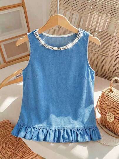 GlowEve Sleeveless Denim Top With Pearl Decor, Casual Summer