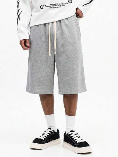 SUMWON Quần short nam ống rộng màu xám tro, chất liệu cotton denim, dài đến đầu gối, kiểu dáng thường ngày, cạp chun, thích hợp cho mùa hè.