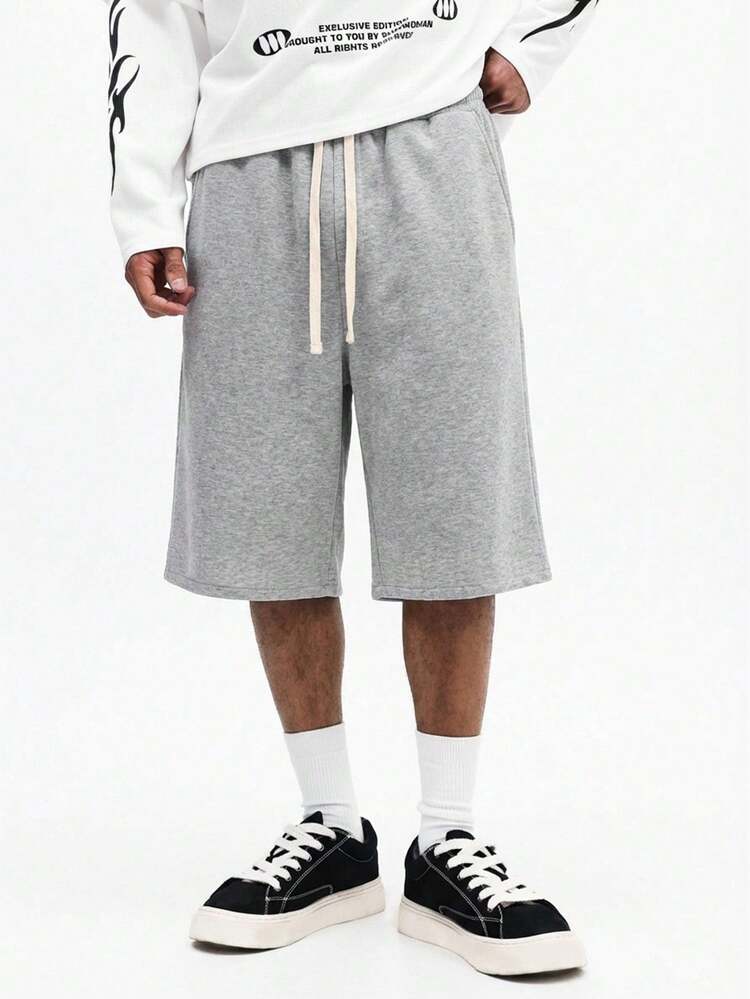 Men's Heathered Grey Baggy Wide Leg Jorts Cotton Denim Knee Length Summer Casual Drawstring Waist Cargo Shorts