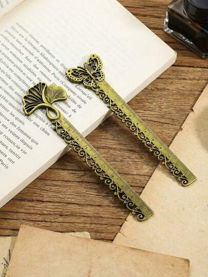 Cirelle 1pc Retro Butterfly & Ginkgo Leaf Metal Ruler – 2-In-1 Bookmark & Drawing Tool, Multi-Purpose Student Supplies For Measuring & Reading, Vintage Study Accessory