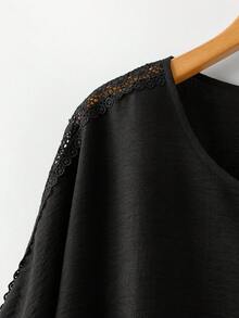 Rusticease Plus Size Women Solid Color Contrast Lace Round Neck Blouse And Pants Casual 2 Piece Set - Black - View 7
