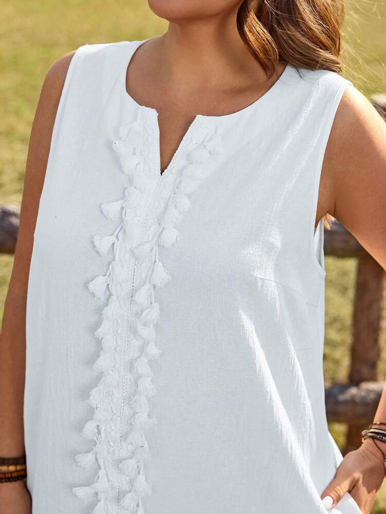 Plus Size Women's Summer Casual Vacation Country Solid Color White Sleeveless Tassel Long Dress,Summer Outfits For Women ,Vacation Outfits Women ,Holiday Outfits For Women,Going Out Outfits,2026 New Clothes,Simple And Fashionable For Everyday Wear,Suitable For Summer, Vacation, Daily Wear, Festival Outfits For Women,Country Concert Outfit,Beach Outfits For Women,Western Style,Flowy Dress