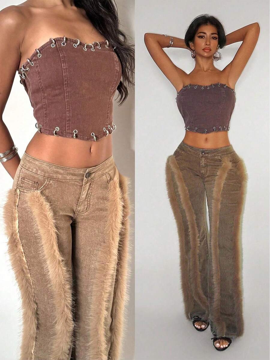 Jeanoix Quần Jeans Denim Túi Vá Mờ Thời Trang Đường Phố Cho Nữ - màu nâu - Xem 1