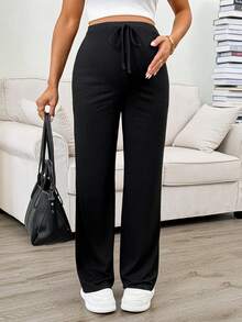 SHEIN Maternity Solid Color Adjustable Waist Loose Straight Pants - Black - View 3