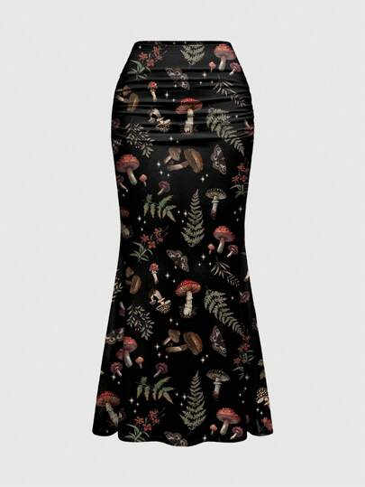 ROMWE Goth Plus Size Women Elegant Vacation Romantic Mushroom Print Fishtail Skirt