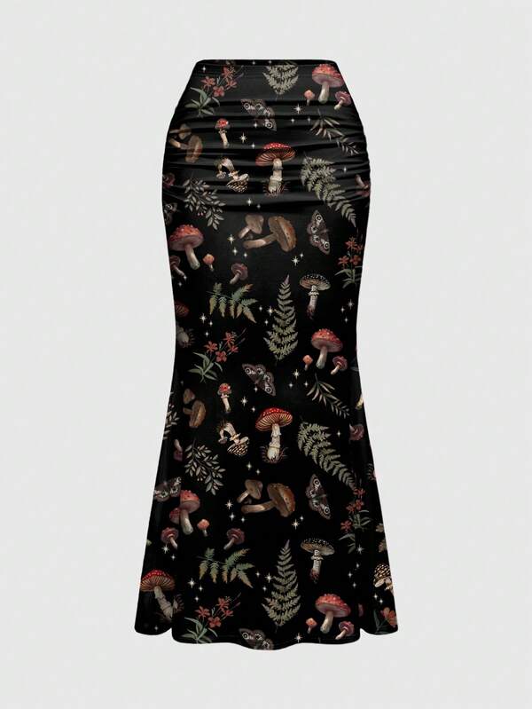 ROMWE Goth Plus Size Dam Elegant Semester Romantisk Svamptryck Fiskstjärtskjol