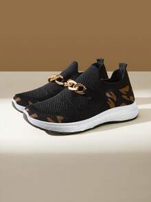 CUCCOO EASI Black And Gold Casual Sports Chunky Sneakers, Metal Chain Decorative Platform Sneakers, Spring And Summer Commuting Versatile Women's Shoes - Black . - View 2