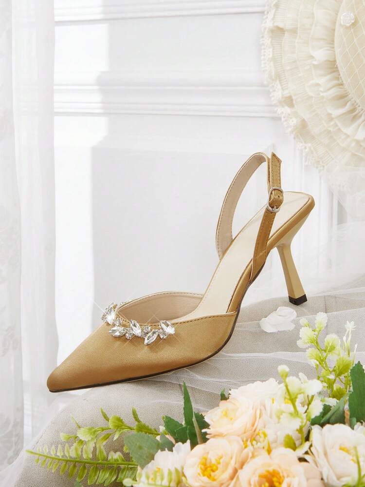 CUCCOO HITCHD Women's Pointed Toe Rhinestone Stilettos, Khaki Satin Comfortable Elegant Pumps, Suitable For Weddings, Parties, Formal Occasions