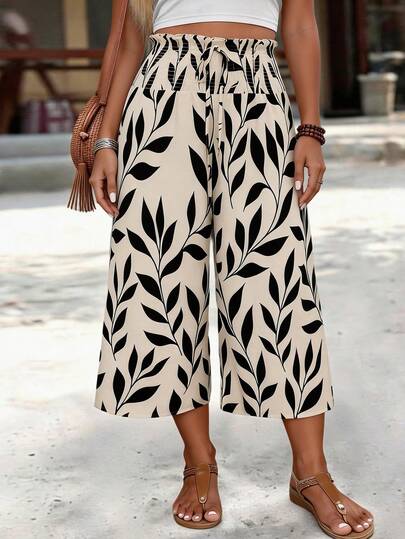 Breezaya Plus Size Women's Vacation Floral Print Drawstring Waist Cropped Pants