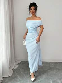 Modelyn Vestido midi elegante de mujer con hombros envueltos, tejido de parches, malla bordada con flores, adecuado para uso diario, reuniones y fiestas en primavera/verano. Vestidos largos, vestidos ajustados para damas. Último diseño de vestido de alta calidad. Vestido Zanea, vestido Yisikado, vestido elegante para mujer. - Azul - Ver 6