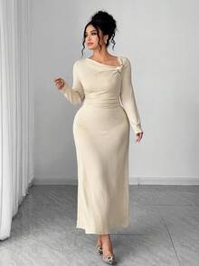 Elenzga Đầm dài ngang gối thanh lịch tối giản dành cho nữ cỡ lớn, thích hợp đi làm, mặc hàng ngày, hẹn hò, đi nghỉ mát, dự tiệc. Chất liệu vải có họa tiết, cổ áo đính kim loại. - Màu be - Xem 6