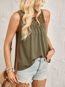 SHEIN Holidaya Women's Army Green Sleeveless Round Neck Hollow Out Ruched Fitted Tank Top - Army Green - View 6