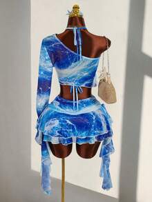 Amplova Women's Fashion Sexy Tie-Dye Print Rhinestone Asymmetric Super Short Halter Top & Mini Skirt 3-Piece Set - Blue - View 8