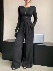 DAZY 女士黑色纯色基础款T恤和直筒休闲裤两件套，适合春、夏、秋季穿着 - 黑色 - 查看 6