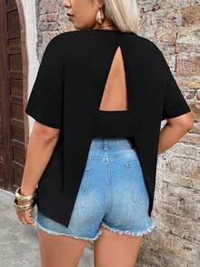 Breezaya Plus Size Women's Solid Color Round Neck Casual Versatile Daily Short Sleeve T-Shirt, Spring/Summer - Black - View 6