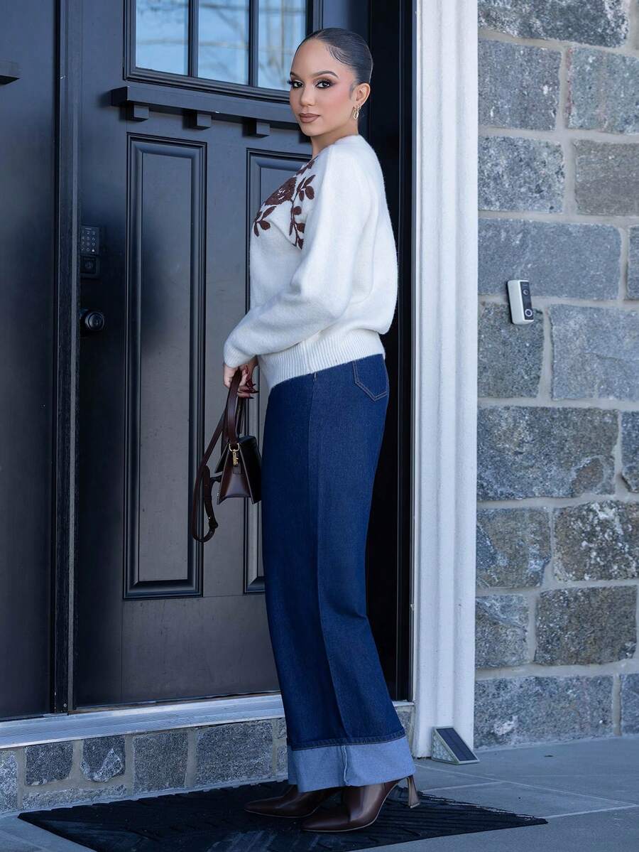 Melissa Matos 秋冬休闲复古圆领长袖女毛衣 - 米色 - 查看 1