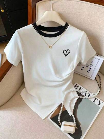 Resyla Women's Casual Round Neck Short Sleeve T-Shirt, Colorblock Design, Heart Print