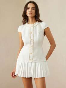 Aveloria Rosie Women's Button Pleated Fashion Date Party Mini Dress, Suitable For Summer - White - View 5
