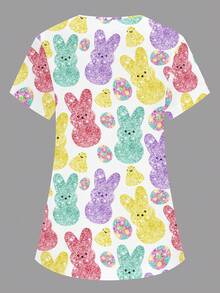 PopScrub Women's V-Neck Short Sleeve Double Pocket Cartoon Rabbit Print Nurse/Doctor Work Uniform Top, Solid Color Pet Grooming Work Uniform Top - White - View 2
