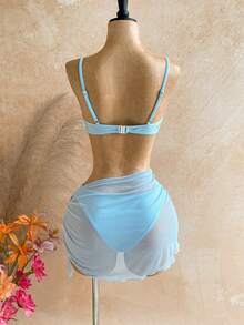 Soleia Bộ bikini gợi cảm mùa hè dành cho nữ, họa tiết sao biển, gồm áo khoác ngoài và váy. - Màu xanh lam - Xem 2