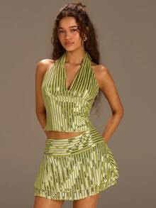 Athîral 女士休闲度假露肩吊带无袖串珠绿色半身裙套装，春夏款 - 綠色 - 查看 4