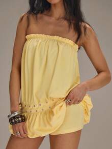 Athîral 女士休闲无袖无肩带黄色泡泡连衣裙，春夏款 - 淡黃色 - 查看 1