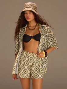 Athîral Women's Summer Boho Vacation Yellow Print Drop Shoulder Blouse And Shorts 2 Pieces Set,Beige Holiday Beach Outfits,Casual Daily Date Outdoor Wear - Multicolor - View 1
