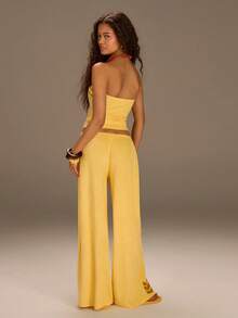 Athîral 女士印花抹胸上衣和阔腿裤休闲两件套 - 黃色 - 查看 2