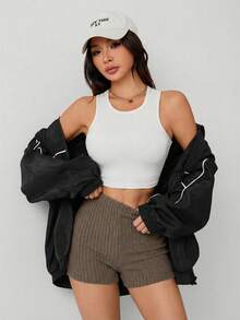 SHEIN PETITE Celana Pendek Biker Rajut Marled Musim Panas, Wanita Bertubuh Mungil - Mocha Brown - View 3