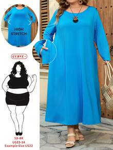 SHEIN CURVE+ Curve 尺码 US22 音乐节、海滨度假、波西米亚风黑色长袖宽松 A 字中长连衣裙，时尚秋冬连衣裙 - 寶藍色 - 查看 7