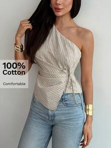 Aloruh Áo sơ mi nữ ngắn tay buộc dây, kiểu dáng tối giản, màu mơ sọc, xếp ly, thích hợp cho mùa xuân/hè. - Màu be - Xem 8