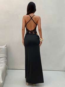 Aloruh 女士新款纯黑色露背蕾丝拼接优雅连衣裙，适合春夏、下午茶、约会等场合。 - 黑色 - 查看 3