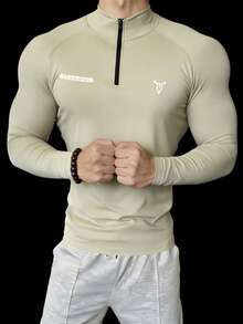 GymBeat 男士立领修身长袖运动T恤 - 杏色 - 查看 3