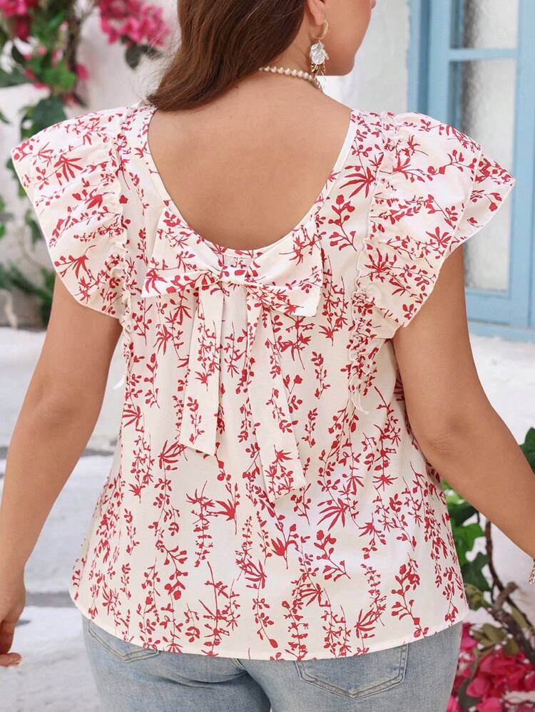 Plus Size Women Plant Print Ruffle Sleeve Casual Shirt