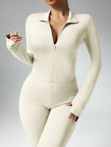 Easithlete 女式加大码休闲拉链夹克带拇指孔和高腰喇叭裤两件套，四季健身女装套装 - 杏色 - 查看 4