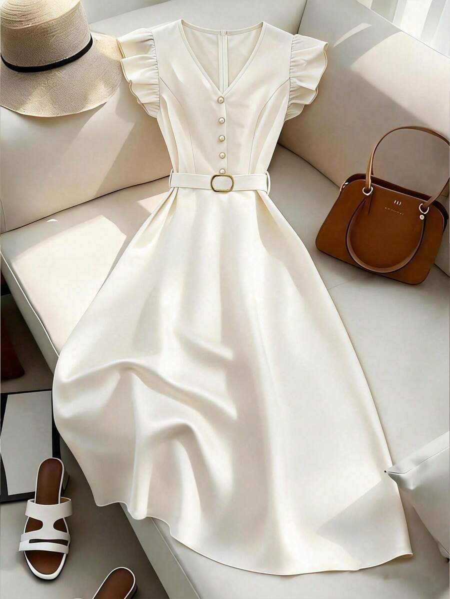 GlowEve 女士优雅缎面V领荷叶边袖口系带中长连衣裙，浪漫适合派对、婚礼季和夏季 - 杏色 - 查看 1