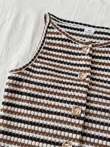 Travachic KIDS Bộ đồ đi nghỉ mát thường ngày cho bé gái tuổi teen: áo hai dây dệt kim kẻ sọc và quần short cạp chun. - màu nâu - Xem 4