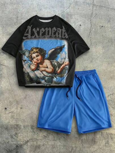  Men's Summer AXEPEAK Casual Fashion Street Cupid Print Short Sleeve T-Shirt And Drawstring Waist Shorts Set