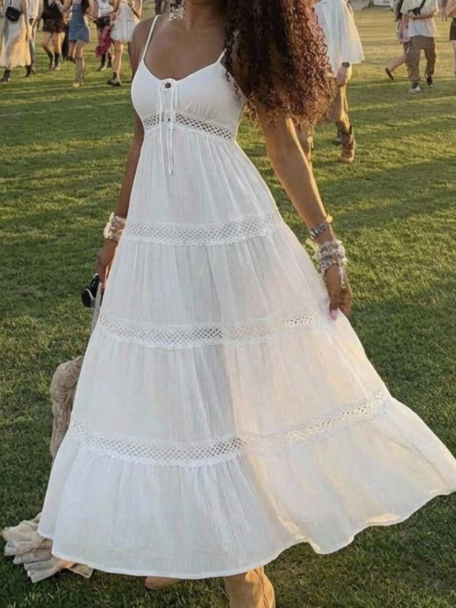 SHEIN EZwear Music Festival White Dress White Woven Spaghetti Strap Vacation Dress - White - View 1