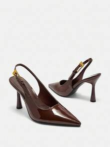 NobleVue Tacones altos con puntera puntiaguda, elegantes, de cuero patentado con correa trasera, para mujer, Otoño/Invierno 2025 - Marrón Chocolate - Ver 4