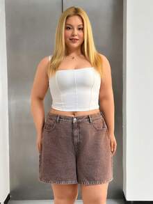 SHEIN Pantalones cortos de mezclilla de talla grande, lavados, de cintura alta - Marrón - Ver 6