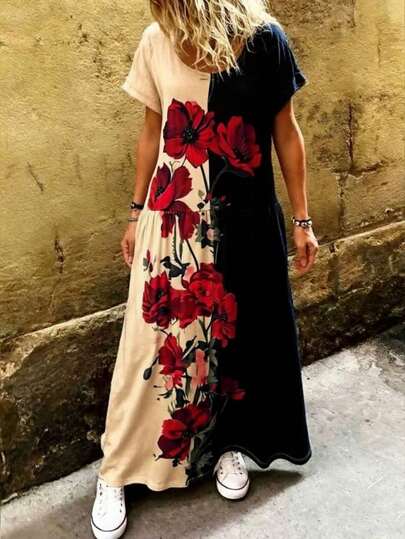 Linavere 女士印花褶皱圆领休闲派对连衣裙