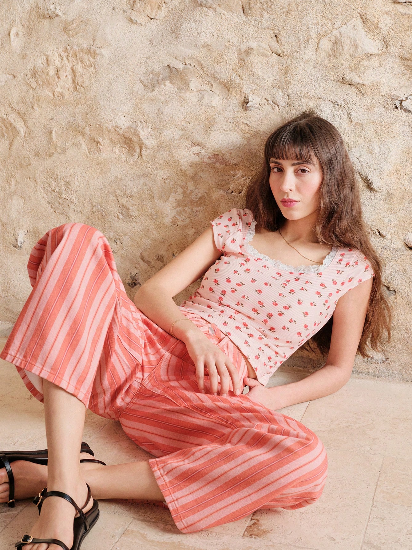 Pink Floral Stretch Tee With Square Neckline And Lace Trim Spring Summer Vacation Top Cute Holiday Top Stretchy Flower T-Shirt French Style Parisian Style