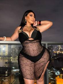 Swim SXY Plus Size European And American Style Swimwear Set, Halter Deep V Backless Mesh Sheer Beach Cover Up For Women - Black - View 5