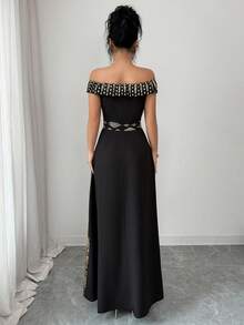 Rafferiza Women's Sleeveless Off-Shoulder Long Elegant Dress, Spring/Summer - Black Gold - View 2