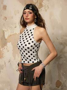Rina Fox Women's Halter Neck Polka Dot Lace Patchwork Sexy Y2K Camisole - Beige - View 5