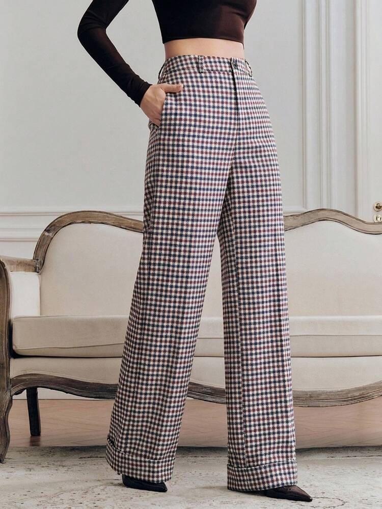 Women's Classic Plaid Straight-Leg Pants, Draping Slimming Effect, Versatile For Commuting, Brown