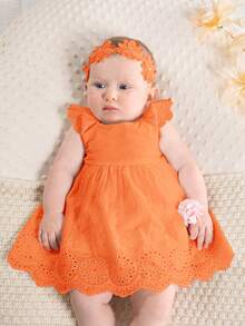 SHEIN Newborn Baby Girl Floral Trim Round Neck Ruffle Waist Dress - Orange - View 4